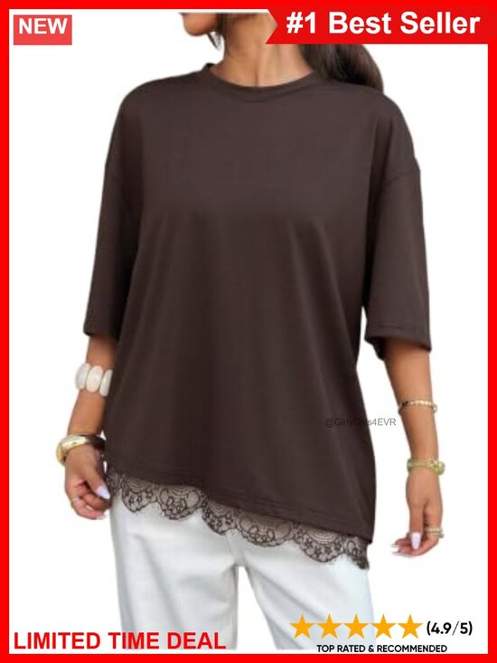 Tops - Plus Size Lace Trim Tunic T-Shirt Drop Shoulder Short Sleeve Crew Neck Top